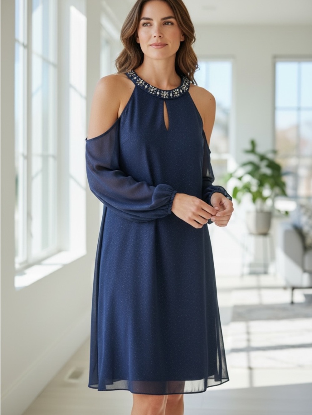 Jessica Howard Navy Blue Cold-Shoulder Embellished Neck Long Sleeve Dress